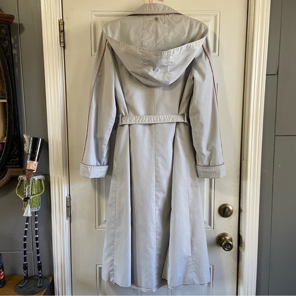 Vintage Freddi Gail Trench Coat Waist Tie Hooded Lined Blue Purple Trim Size 9 - Picture 3 of 10